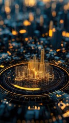 Tax strategy wealth audit. A futuristic cityscape made of glowing circuits, blending urban skyline with digital technology elements.