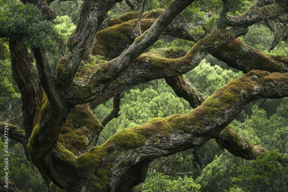 Poster vast twisted branches of an ancient tree in tasmania's lush forest, big old tree in deep forest of t