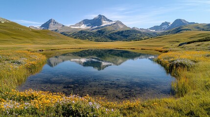 Obraz premium Serene mountain lake reflecting peaks