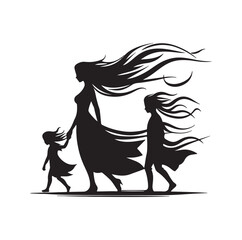 Family against the wind silhouette vector illustration