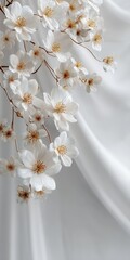 White cherry blossoms against flowing white fabric background