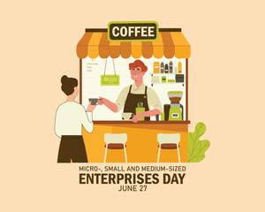 Vector illustration of man selling coffee in roadside cafe as banner or poster, Micro-, Small and Medium-sized Enterprises Day.