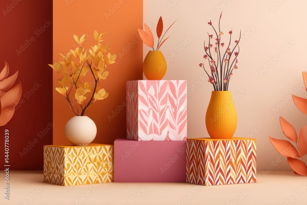 Poster elegant studio arrangement featuring vases with floral elements on patterned blocks a harmonious ble