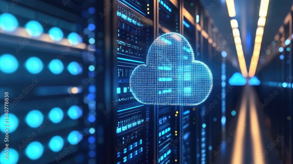 Aufkleber binary cloud hologram floating in a futuristic server room, ideal for cloud computing, cybersecurity