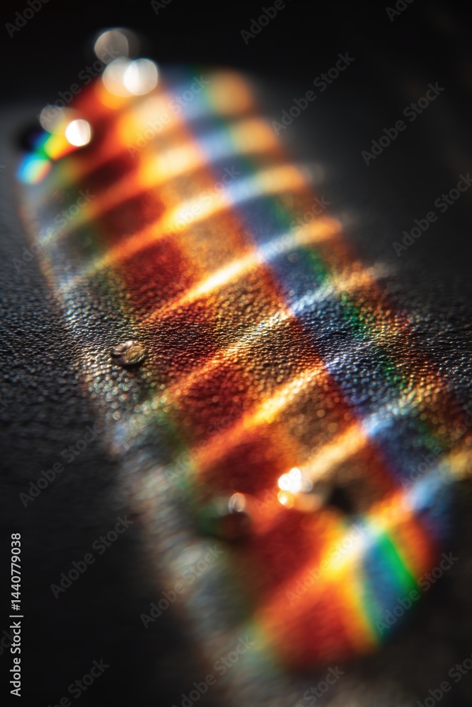 Poster captivating interplay of light and shadow creating a mesmerizing rainbow spectrum on a textured surf