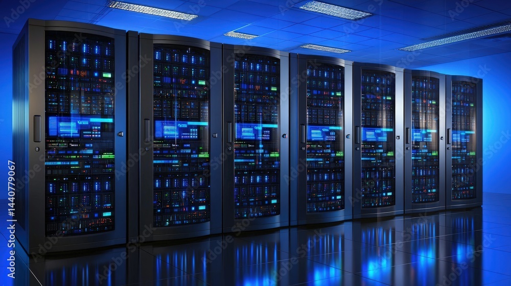 Poster modern server racks in a high-tech blue-lit data center, ideal for cloud services, it infrastructure