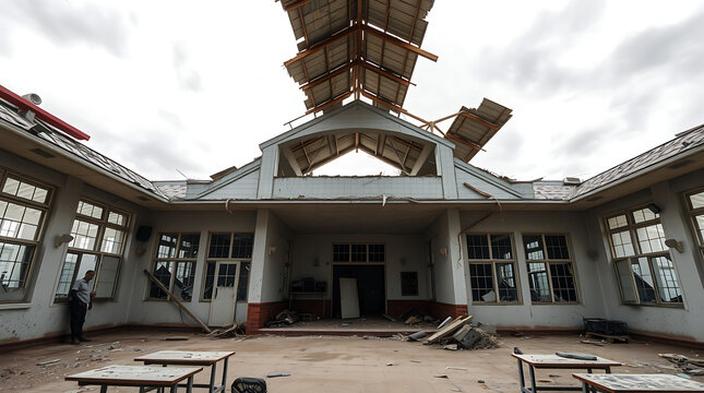 old school building with broken windows and abandoned rooms