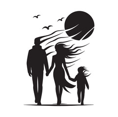 Family against the wind silhouette vector illustration