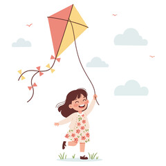 Illustration of happy girl flying kite outdoors on a sunny day with clouds and birds vector art