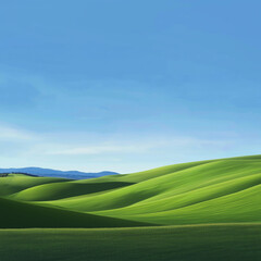 serene and picturesque landscape featuring gently rolling green hills under a clear blue sky. The scene exudes tranquility and natural beauty, with vibrant green grass covering