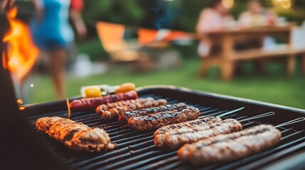 BBQ Bliss: Mouthwatering sausages sizzle on a grill, framed by the warm glow of a flame and a gathering of friends in a blurred background. capturing the essence of a backyard cookout.
