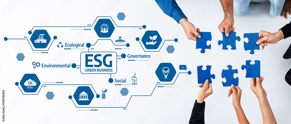 Aufkleber hands assembling puzzle pieces while showcasing esg green business elements. this image represents t