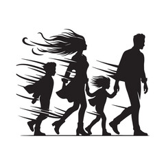 Family against the wind silhouette vector illustration