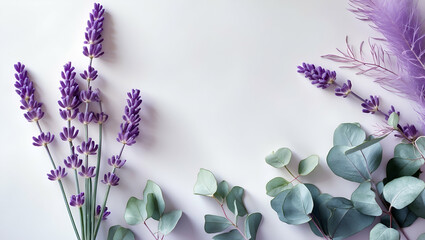 Lavender floral arrangement with eucalyptus on a white background