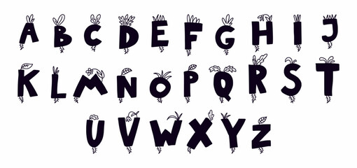 Naklejka premium Hand drawn font in doodle style with leaves and plants. Vector alphabet