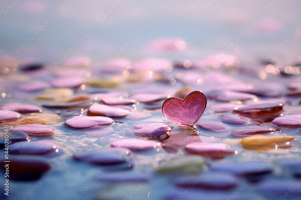 Poster serene water surface adorned with heart shaped petals and a glass heart creating a romantic and drea