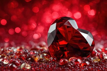Ruby heart gemstone radiating love and passion on a bed of sparkling beads in a romantic red bokeh background perfect for valentines day