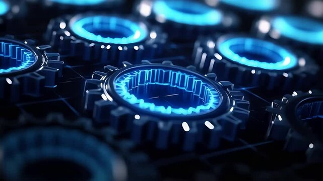 Multiple glowing blue mechanical gears rotating together in seamless industrial system under futuristic bright lighting

