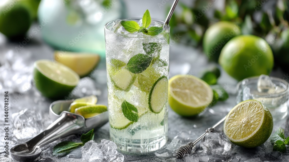 Poster refreshing mojito drink with lime and mint on a gray surface creating a vibrant and inviting scene p