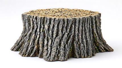 Fototapeta premium Weathered, textured tree stump isolated on white. Detailed bark and cut top