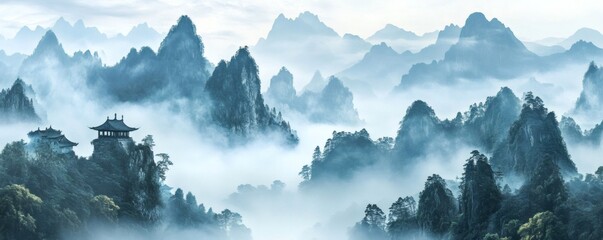 Misty mountain range with ancient structures.