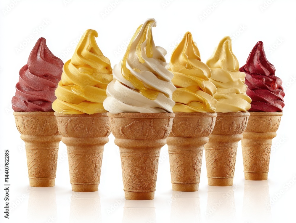 Poster delightful array of soft serve ice cream cones in vibrant colors on a clean white background creatin