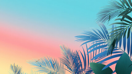 Tropical Paradise: A serene summer sunset sky, painted in hues of blue and pink, is framed by the lush, vibrant foliage of palm leaves, promising a tranquil escape to an island paradise.