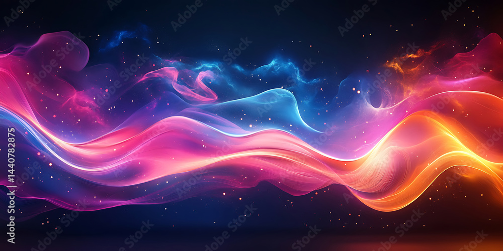 Poster abstract colorful energy wave illustration with sparkles and flowing shapes on a dark background for
