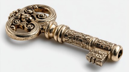 a shiny, golden key with an ornate design on a white isolated background, vintage and elegant design
