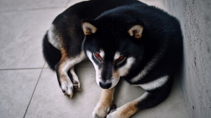 Fototapeta premium Black and tan shiba inu resting on tiled floor