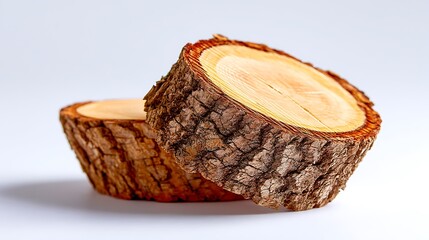 Two tree cross sections, showing wood grain and rough bark, resting on a white surface