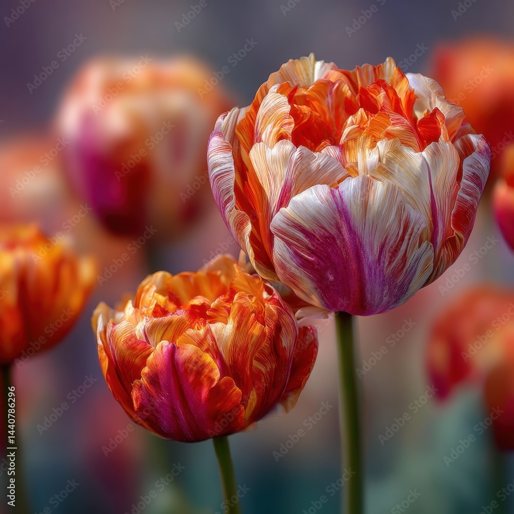 Poster captivating close up of vibrant orange and pink tulip blossoms in a garden setting with blurred back
