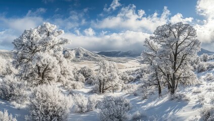 Winter wonderland landscape with frosted trees.  Snowy mountain valley, bright blue sky, frosty foliage