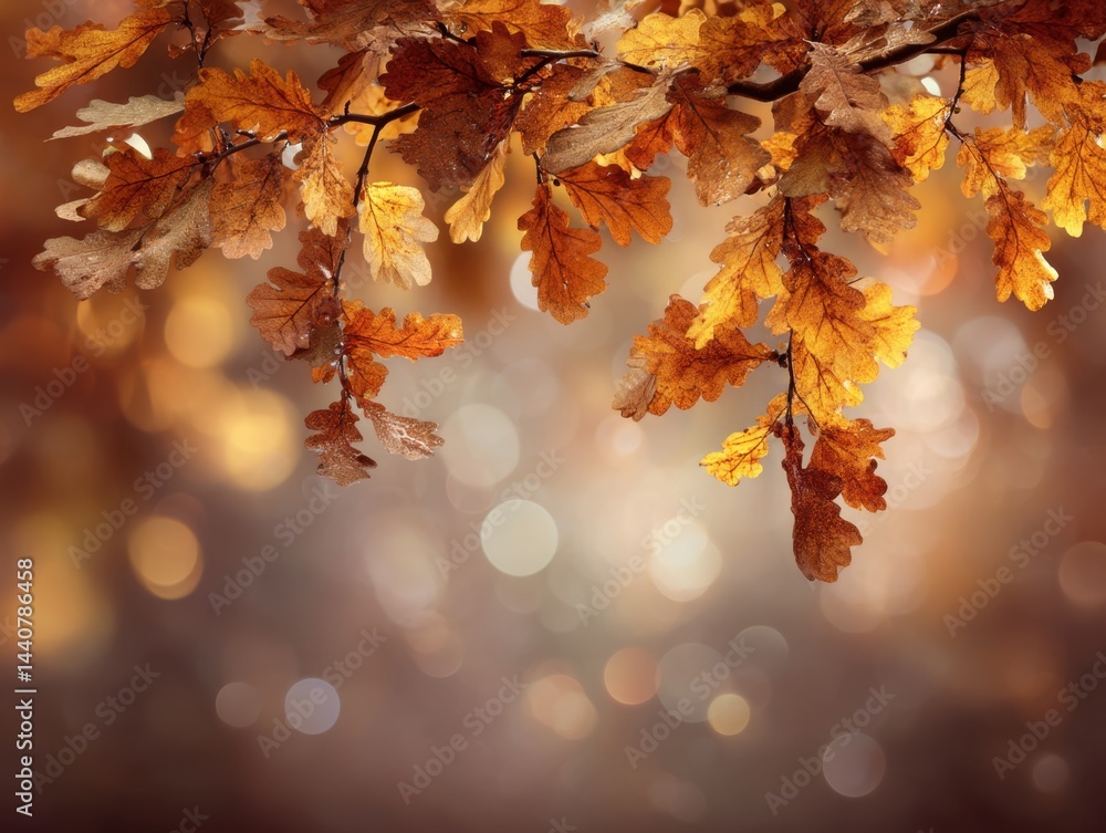 Poster golden oak leaves cascading against a bokeh background creating a dreamy autumn scene evoking warmth