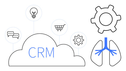 CRM cloud with text inside and icons of chat, lightbulb, cart, gears, and lungs. Ideal for customer management, communication, commerce innovation technology connectivity and healthcare. Flat