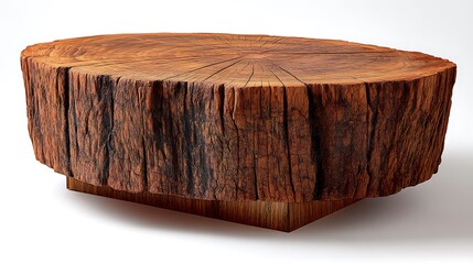 Rustic coffee table crafted from a large tree trunk, showing wood grain, on a block base, isolated