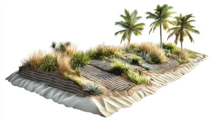 3D cutaway of stormproof beach dune system, with natural sand traps, coconut fiber stabilizers, native vegetation grids, and tidal impact sensors, semi-transparent on white