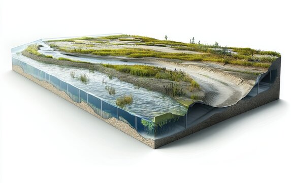 3D cutaway of river delta adaptation infrastructure, showing silt management grids, levee networks, wetland buffers, and monitoring buoys, semi-transparent on white