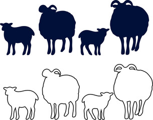 Vector sheep silhouette and outline collection. Isolated farm animal illustrations on a white background, ideal for branding, crafts, and graphic design.