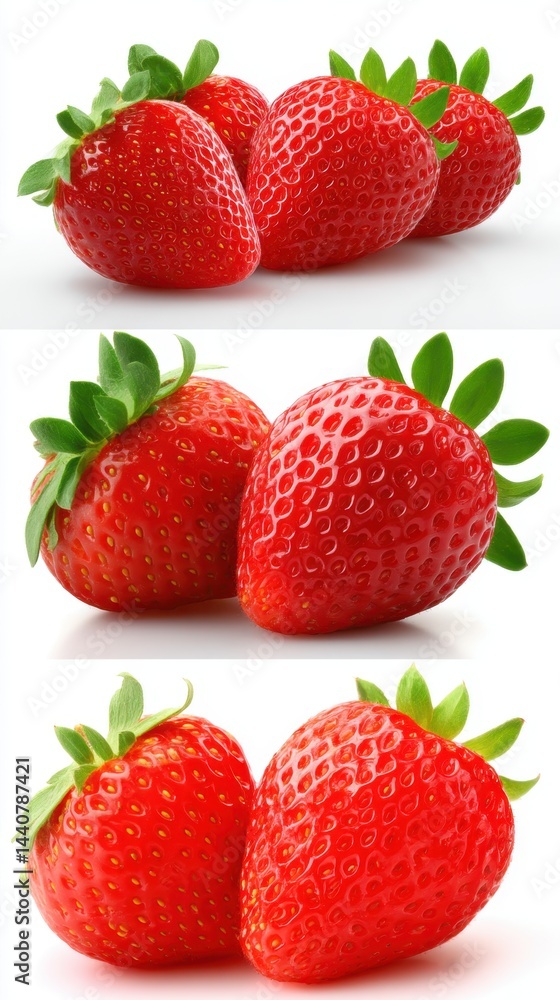 Poster fresh strawberries arranged in three distinct rows on a clean white background showcasing vibrant re