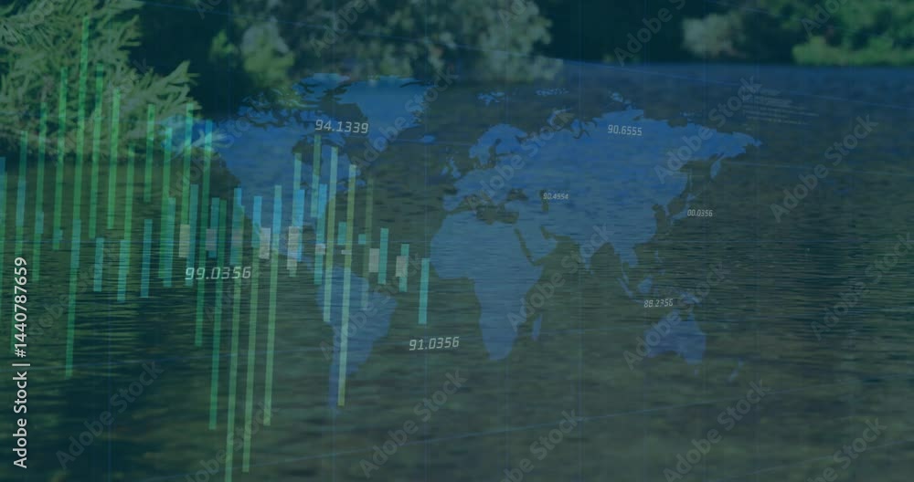 Poster digital world map overlay floating over calm lake, showing bar charts with numeric labels