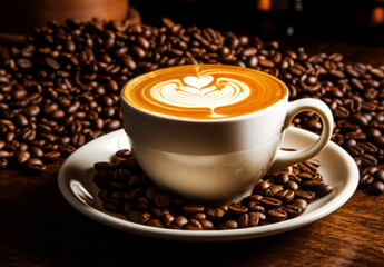 Caffeine art: The creamy, artful latte sits in a cafe, invitingly nestled amidst a cascade of roasted coffee beans on a rustic wooden surface.