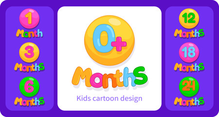 Cartoon colored icons with children's ages and dates of babies by months. Set of illustrations for kids design