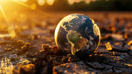 Global Perspective: A captivating, high-angle view of our planet, Earth, resting on cracked earth under the sun, conveying concepts of conservation, climate change, and the beauty of our world. 