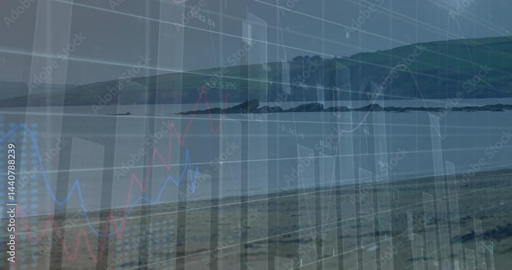 Poster coastal beach showing floating candlestick bars, grid lines, and moving line graphs in flat design