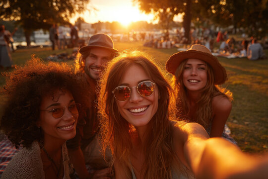 Group of friends taking a selfie at the beach with colorful umbrellas and a sparkling ocean in the background.