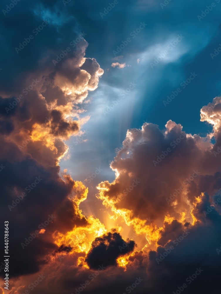 Poster dramatic sky with sun rays shining through clouds creating a celestial atmosphere and golden light i