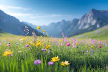 Serene mountain meadow with wildflowers blooming under a bright blue sky
