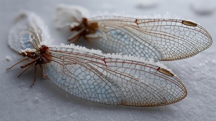 Frosted dragonfly wings nature realistic photograph winter environment close-up view intricate details