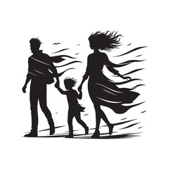Family against the wind silhouette vector illustration
